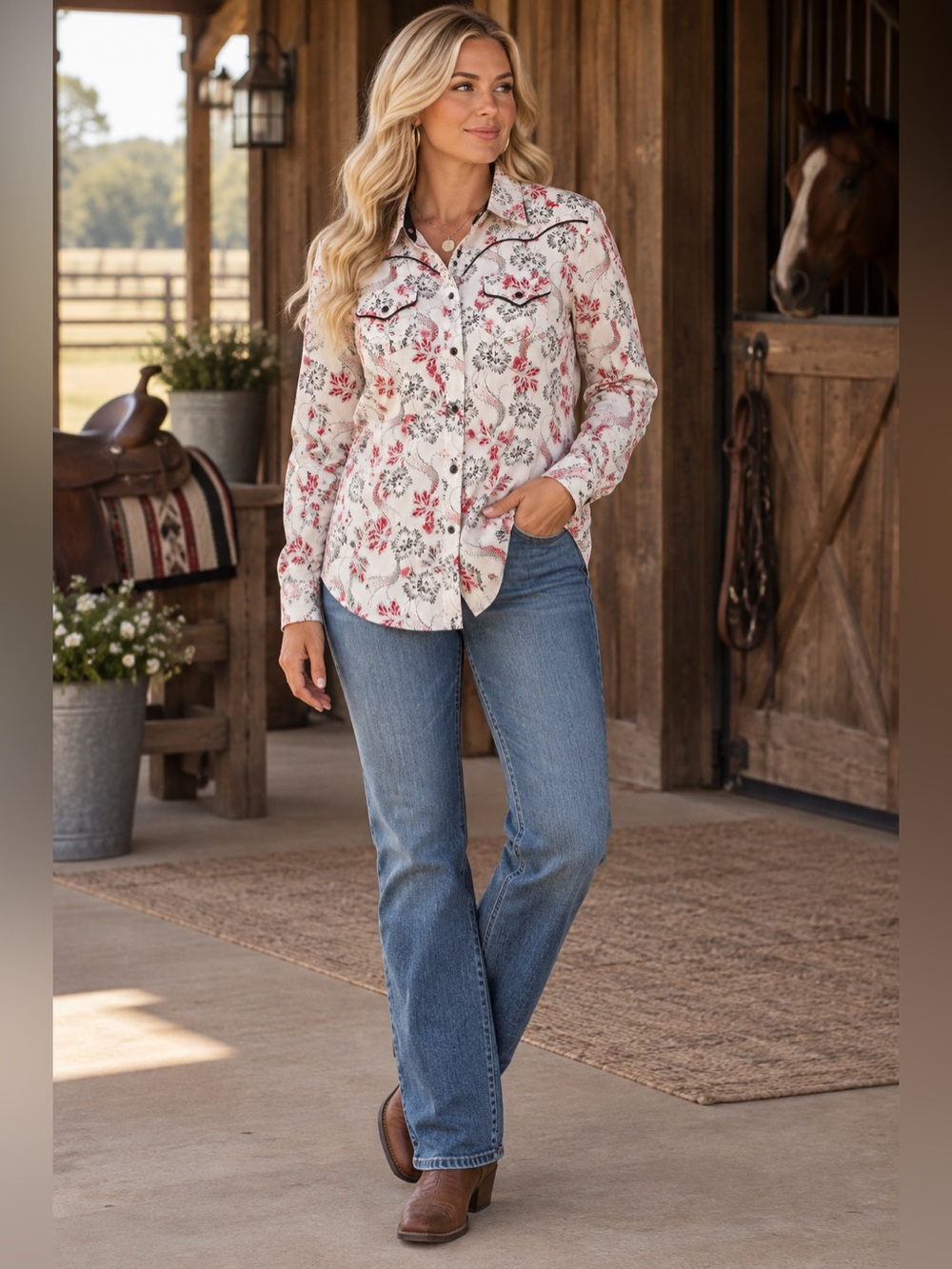 Wrangler Women’s Snap Front White and Red Floral Collard Shirt
